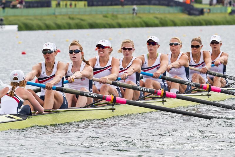 The U.S. women's eight rowing team with Elle Logan pictured fourth from left